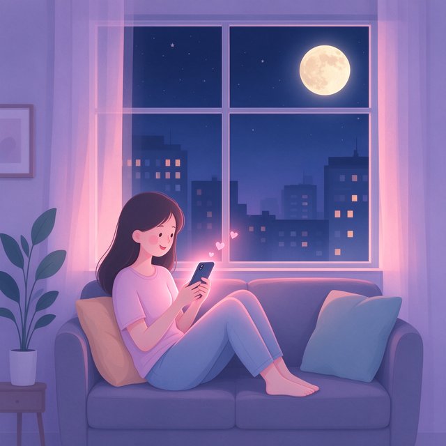 夜色ai深夜陪伴女孩聊天的温暖插画